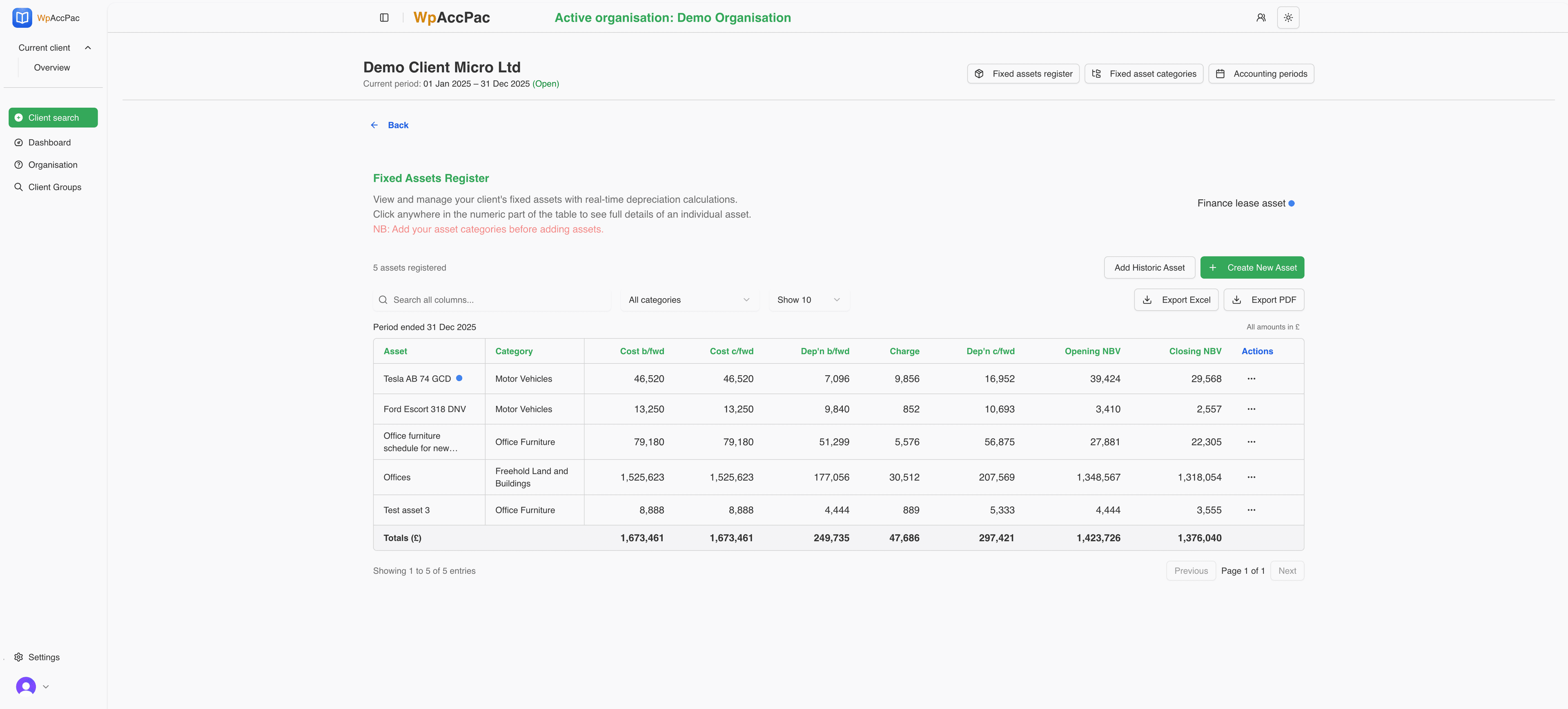 WpAccPac fixed asset register screen